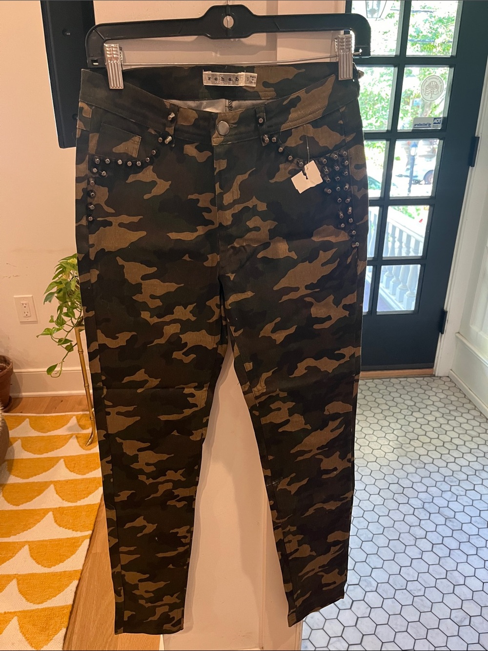 Rehab pant slack straight leg army camouflage silver studs size S NEW